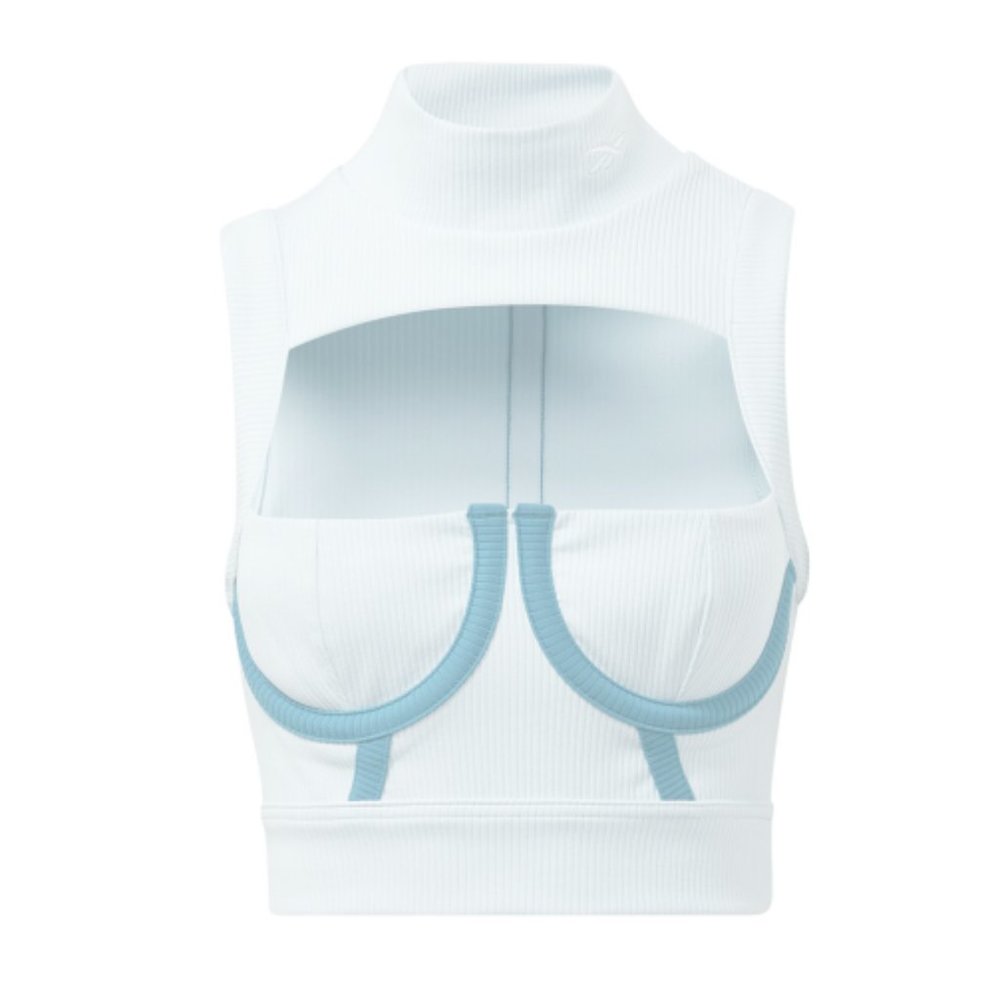 Cardi B x Reebok Ribbed Women's High Neck Underwire Crop Top with Cutout Blue S